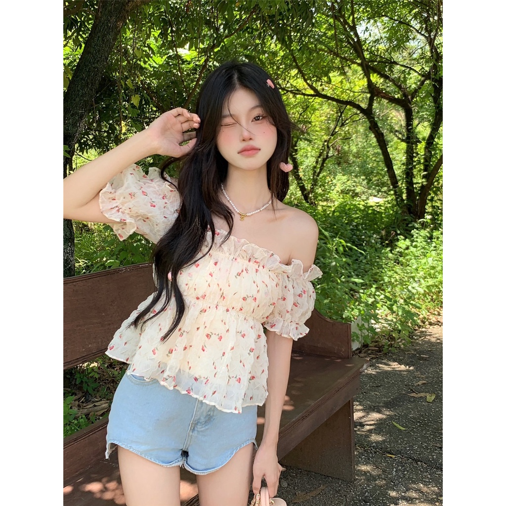 Áo Chiffon Tay Ngắn Phồng Trễ Vai In Họa Tiết Hoa Thời Trang Mùa Hè Dành Cho Nữ