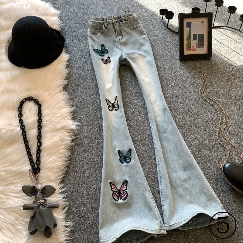 Quần Jeans Nữ Lưng Cao Ống Loe Thêu Hoa Thời Trang Mới