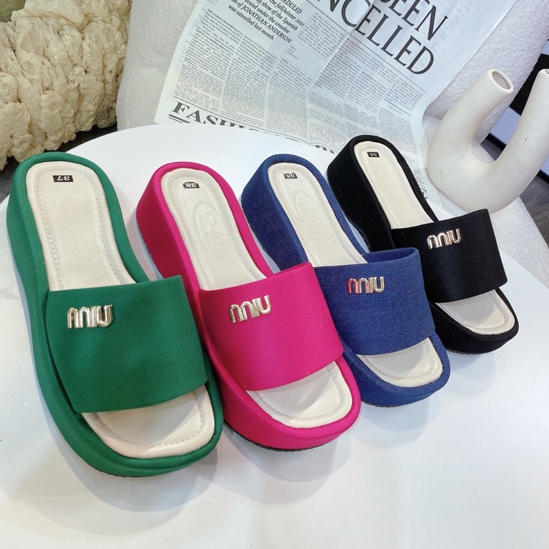 Dép đế bánh mì đế bằng quai ngang vải Jean cao 5cm