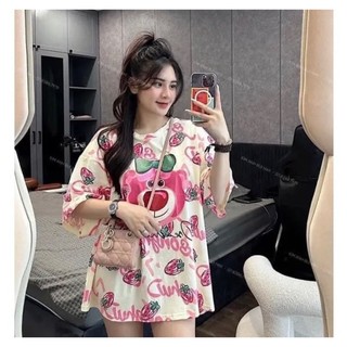 Áo phông Gấu Dâu họa tiết in kín - Áo thun tay lỡ Nữ form rộng