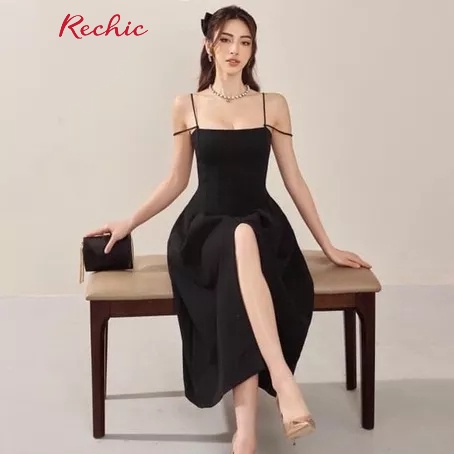 RECHIC Đầm Bellamy Màu Đen hai dây cổ vuông dáng dài xẻ tà thời trang sang trọng gợi cảm