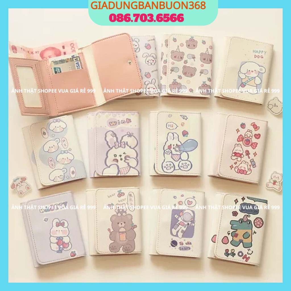 Ví nữ ngắn gập 3 Mini Cute cầm tay nhiều ngăn giá rẻ nhỏ gọn bỏ túi thời trang hàn quốc, Bóp nữ Cute gấu dâu, Bóp ví đẹp