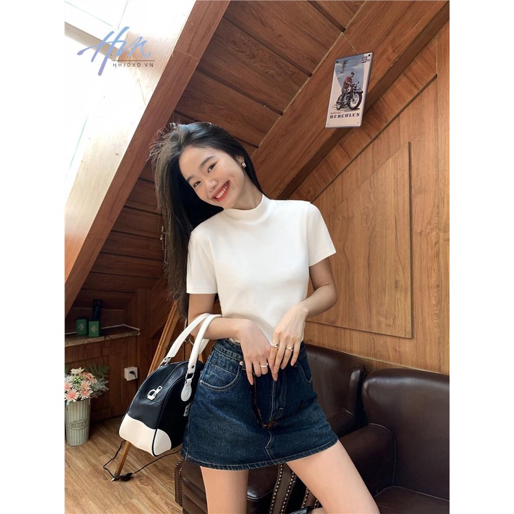 Áo Thun Trắng Tay Ngắn Cổ Cao Dáng Rộng Thời Trang Mùa Hè 2023 Mới Cho Nữ
