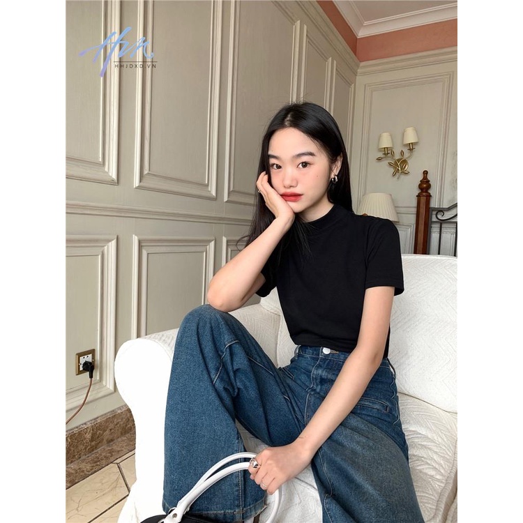 Áo Thun Trắng Tay Ngắn Cổ Cao Dáng Rộng Thời Trang Mùa Hè 2023 Mới Cho Nữ