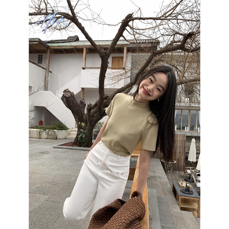 Áo Thun Trắng Tay Ngắn Cổ Cao Dáng Rộng Thời Trang Mùa Hè 2023 Mới Cho Nữ