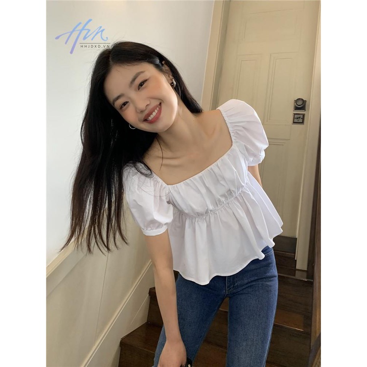 Áo Kiểu Cổ Vuông Tay Ngắn Phồng Thời Trang Xuân Hè 2023 Phong Cách Pháp Hàng Mới Dành Cho Bạn Nữ