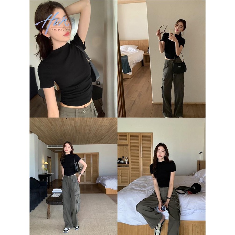 Áo Thun Tay Ngắn Hở Vai Màu Đen Thời Trang Mùa Hè Dành Cho Nữ