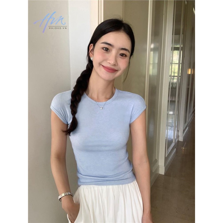 Áo Thun Tay Ngắn Cổ Tròn Màu Trắng Thiết Kế Mỏng Thời Trang Mùa Hè 2023 Dành Cho Nữ