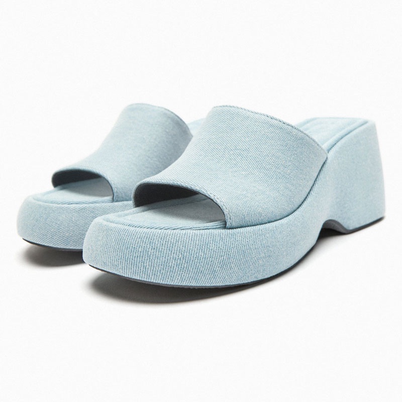 Sandal Đế Xuồng Dày Quai Denim Màu Xanh Dương Thời Trang Mùa Hè Hàng Mới 2023