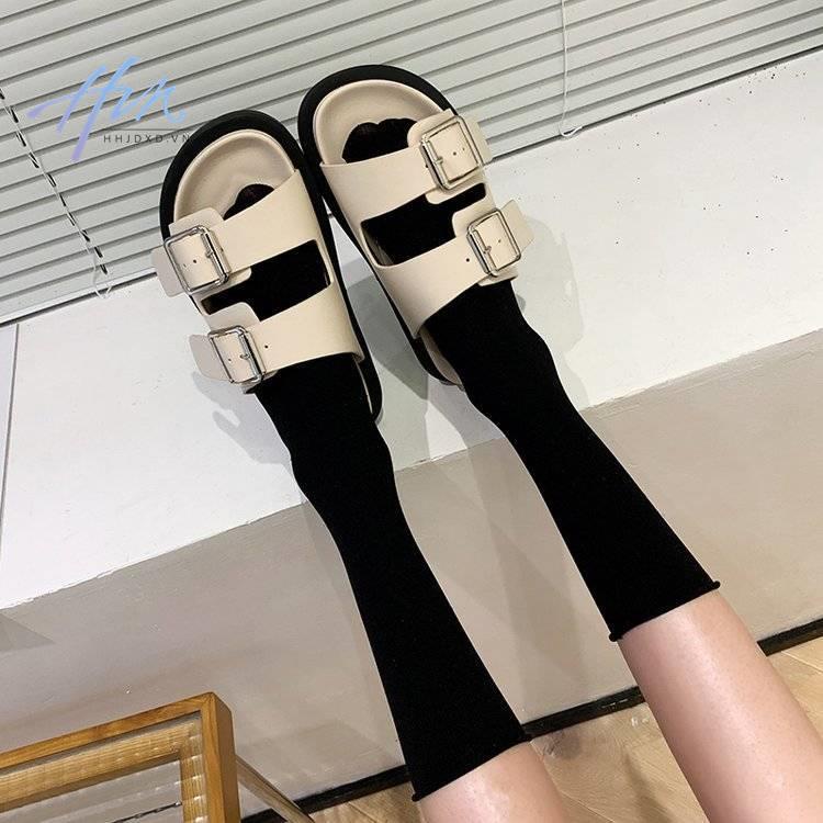 Dép Sandal Hở Ngón Đế Phẳng Dày Dặn Phối Khóa Kim Loại Thời Trang Mùa Hè 2022