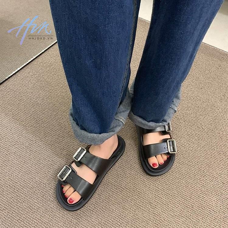 Dép Sandal Hở Ngón Đế Phẳng Dày Dặn Phối Khóa Kim Loại Thời Trang Mùa Hè 2022