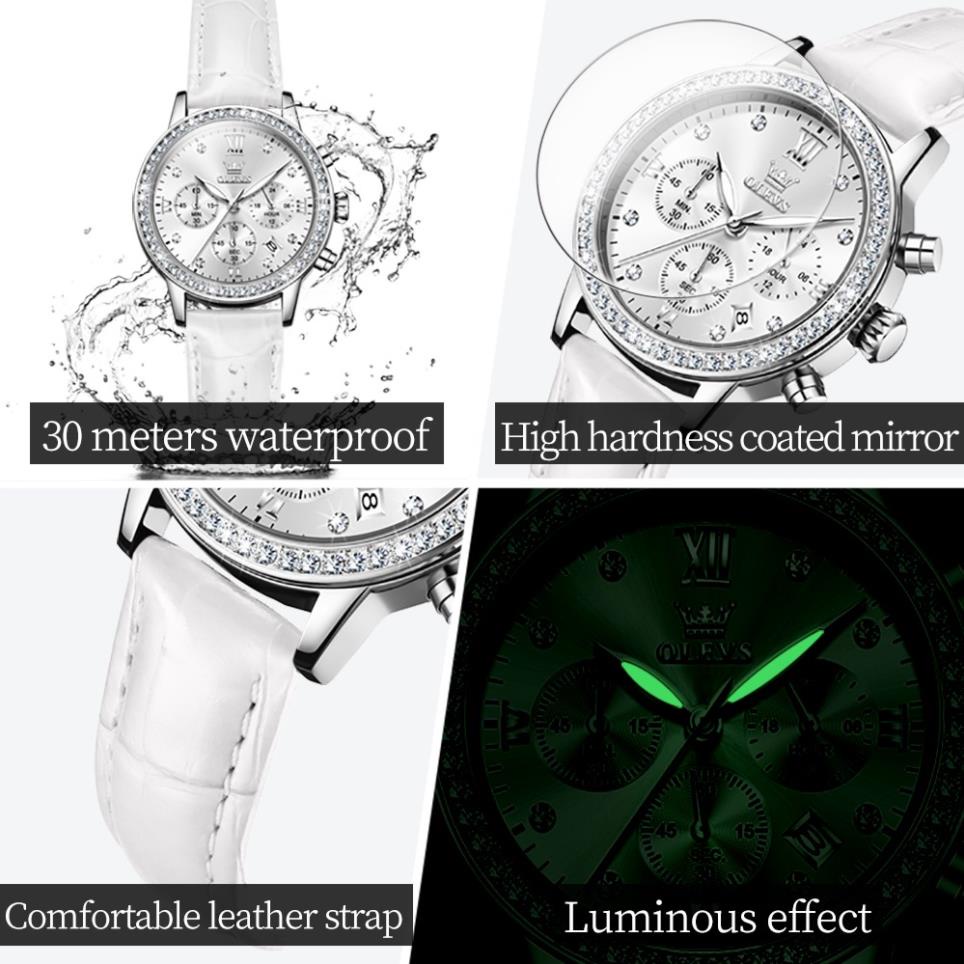 OLEVS 9933 Đồng hồ nữ dây da chính hãng đa chức năng lịch ngày 3 mắt 6 kim chronograph,chống nước dạ quang