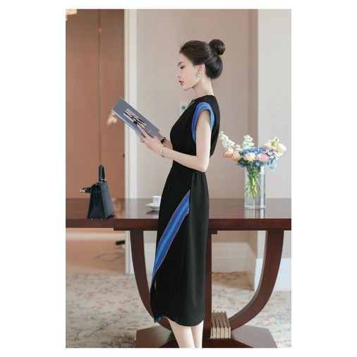 Hàng nhập - Đầm dáng suông eo bo thun viền xanh biếc, váy dạo phố tà xếp 1 bên tay cánh dơi [NNQB110523]