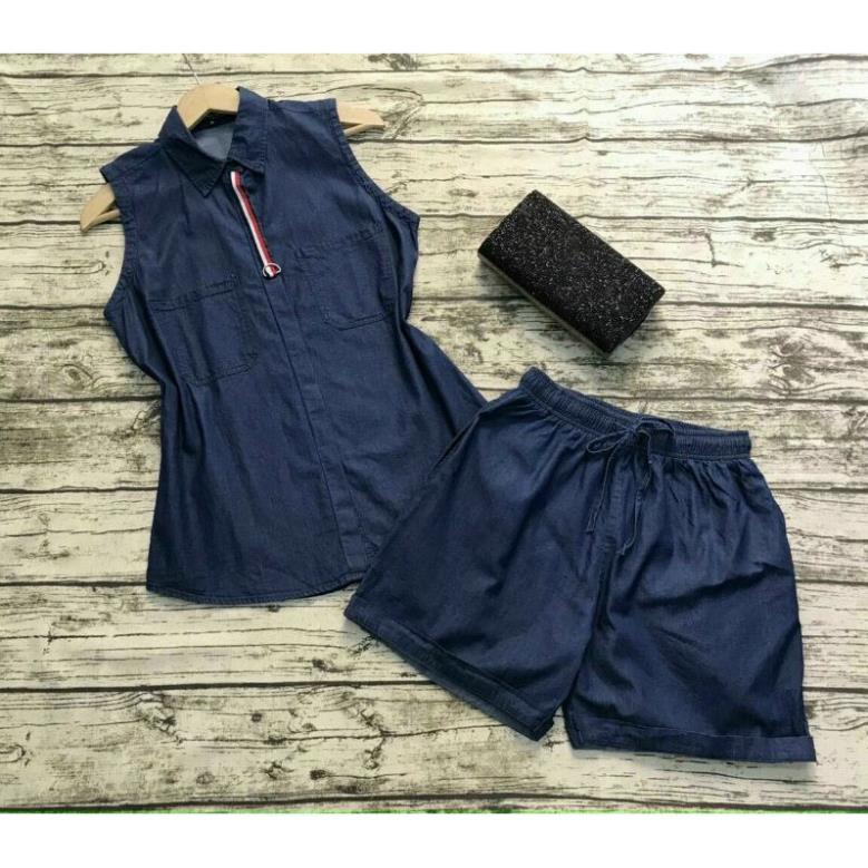 Set bộ nữ short cổ sơ mi, bộ đùi jean denim kéo khóa - DTH [NNQB110523]