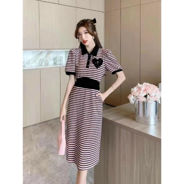 Hàng nhập - Đầm dáng suông thun kẻ ngang cổ polo, váy xuông tay ngắn xinh xắn [NNQB110523]