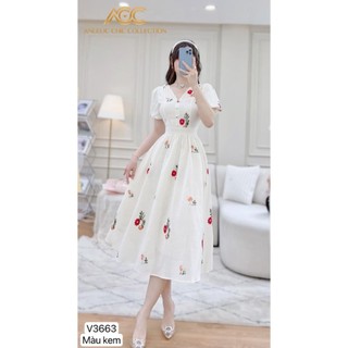(trợ giá + hàng có sẵn) VÁY TRẮNG KEM THÊU HOA ĐỎ CAM DÁNG XÒE  V3663 - DVC -váy dvc -hàng chính hãng