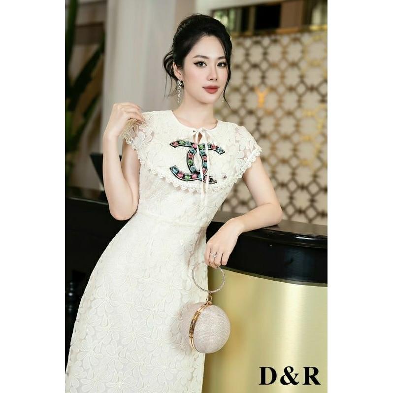 Hàng nhập - Đầm dáng xòe ren hoa tay ngắn cổ tròn, váy dự tiệc phong cách tiểu thư vai choàng [NNQB110523]