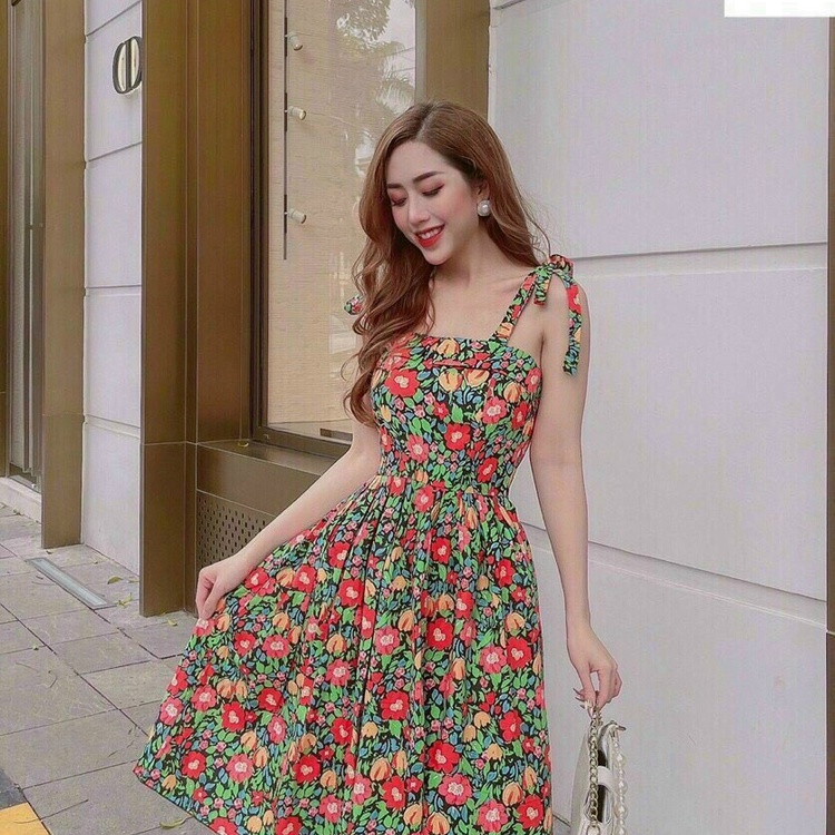 ĐẦM HOA 2 DÂY CHẤT LỤA DÁNG MIDI XÒE (CÓ MÚT NGỰC) CỰC XINH ĐẸP CHO CÁC NÀNG ĐI DẠO PHỐ