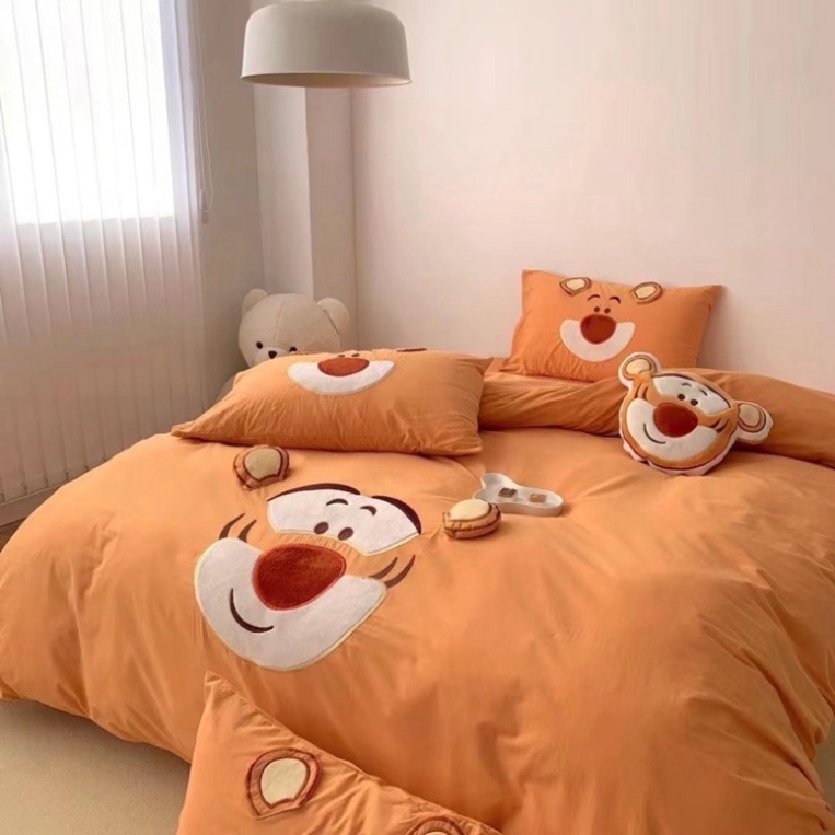 Bộ chăn ga gối Cotton Linen Disney hoạt hình cho bé tặng kèm gối trang trí, chăn ga gối cotton linen cho bé