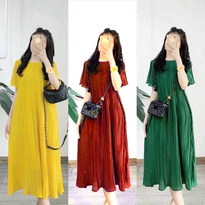 (40-75kg)Váy bầu xếp ly thời trang voan cao cấp thiết kế 2 lớp