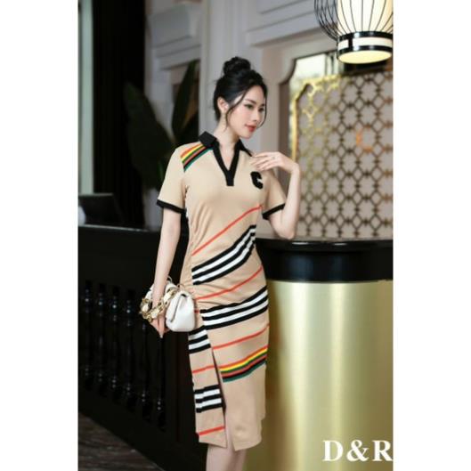 Hàng nhập - Đầm dáng ôm suông nhẹ xẻ tà nhíu thun eo, váy thun cotton kẻ BBR cổ sơ mi [NNQB110523]