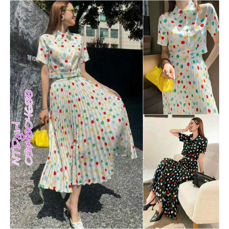 Hàng nhập - Set bộ nữ áo váy lụa dập li mát lạnh, sét đồ thời trang chấm bi croptop cổ peter