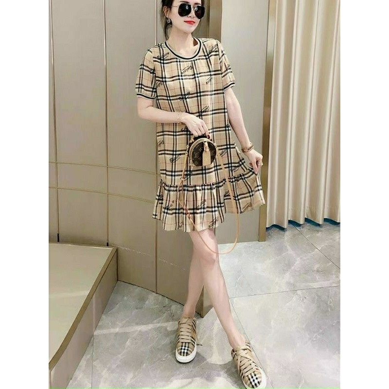 Hàng nhập - Đầm dáng suông lụa kẻ caro đuôi cá, váy xuông baby doll cổ tròn tay ngắn trẻ trung NNQB19.5