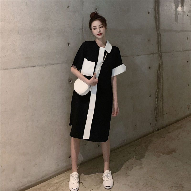 Đầm Midi Tay Ngắn Dáng Rộng Phối Màu Tương Phản Thời Trang Cho Nữ Plus Size