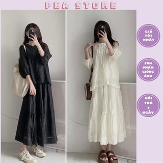 Set áo tơ tay lửng kèm chân váy dài dáng xoè Pea Store - Set tơ vintage chân váy xoè