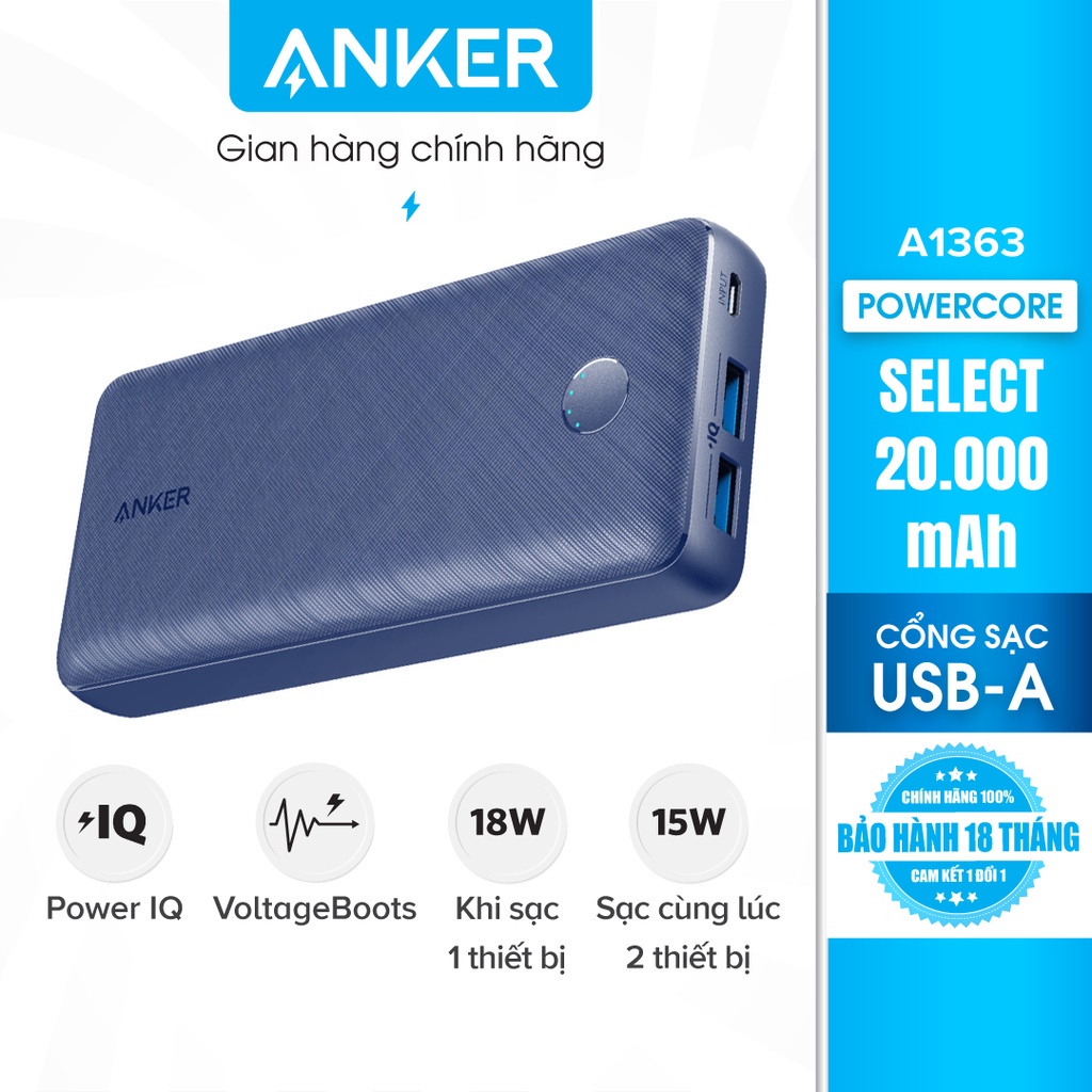 Pin sạc dự phòng ANKER PowerCore Select 20000mAh - A1363 sạc siêu nhanh cho các dòng điện thoại