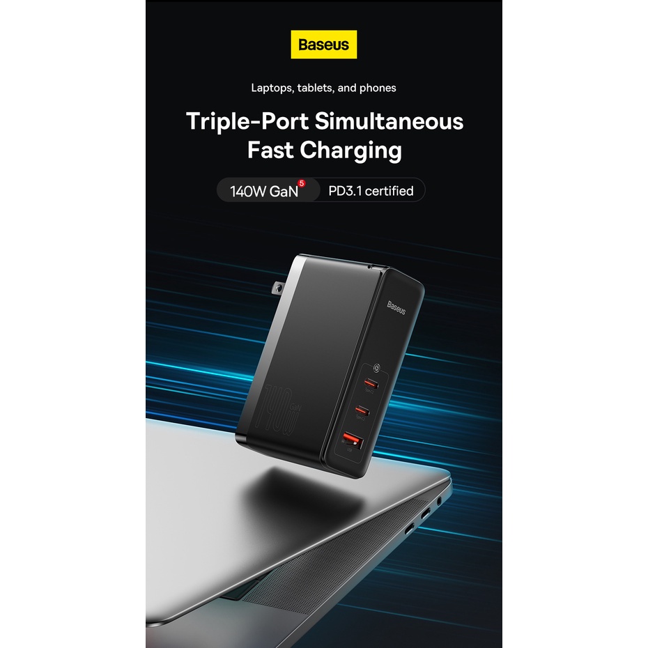 Bộ Sạc Nhanh Baseus GaN5 Pro 140W 1 USB + 2 Type-C PD3.1 dành cho máy tính bảng, laptop