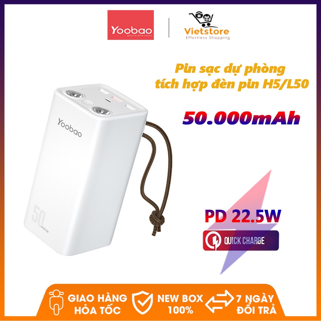 Pin sạc dự phòng Yoobao H5/L50 dung lượng 50000 mAh, tích hợp đèn pin siêu sáng, hỗ trợ các giao thức sạc nhanh