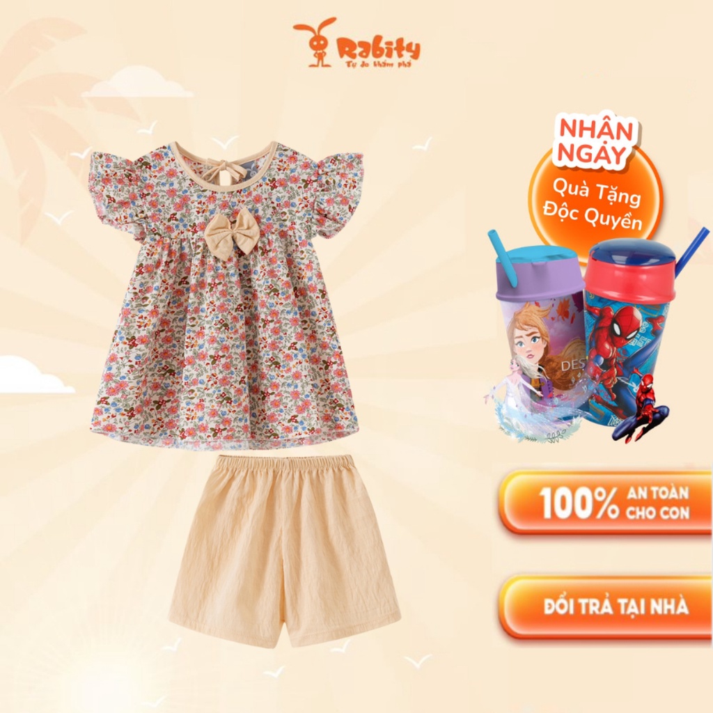 Bộ áo quần vải đũi hoa nhí ngắn tay cho bé gái Rabity xinh xắn bộ cộc đính nơ 92483