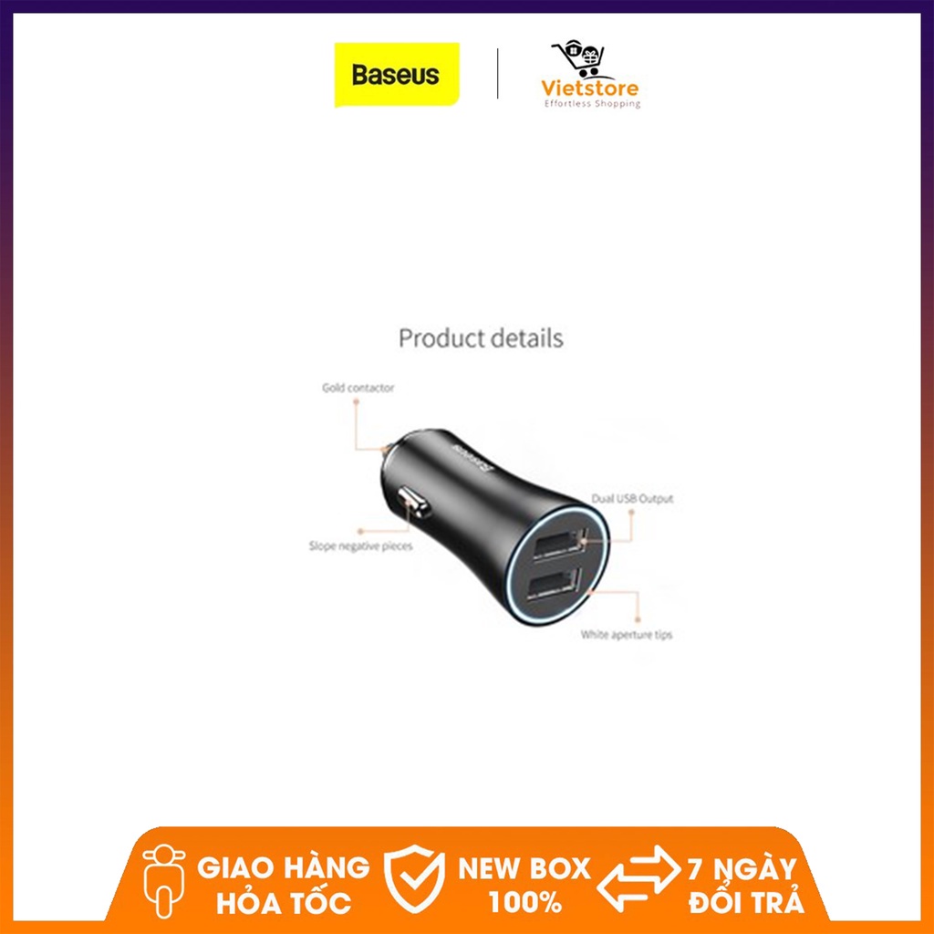 Củ sạc đa năng trên ô tô 2 cổng USB thương hiệu Baseus công xuất 2.4 A cho iphone X, Samsung Note9