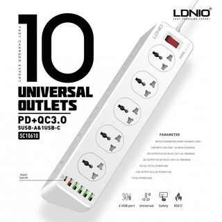 Ổ cắm điện thông minh ldnio sc10610 - 10 ổ cắm và 6 cổng sạc usb - pd 3.0 20w, qc 3.0 18w có chân cắm eu