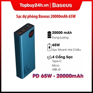 Sạc dự phòng Baseus 20000mAh 65W sạc nhanh hỗ trợ đầu ra cổng type C PD