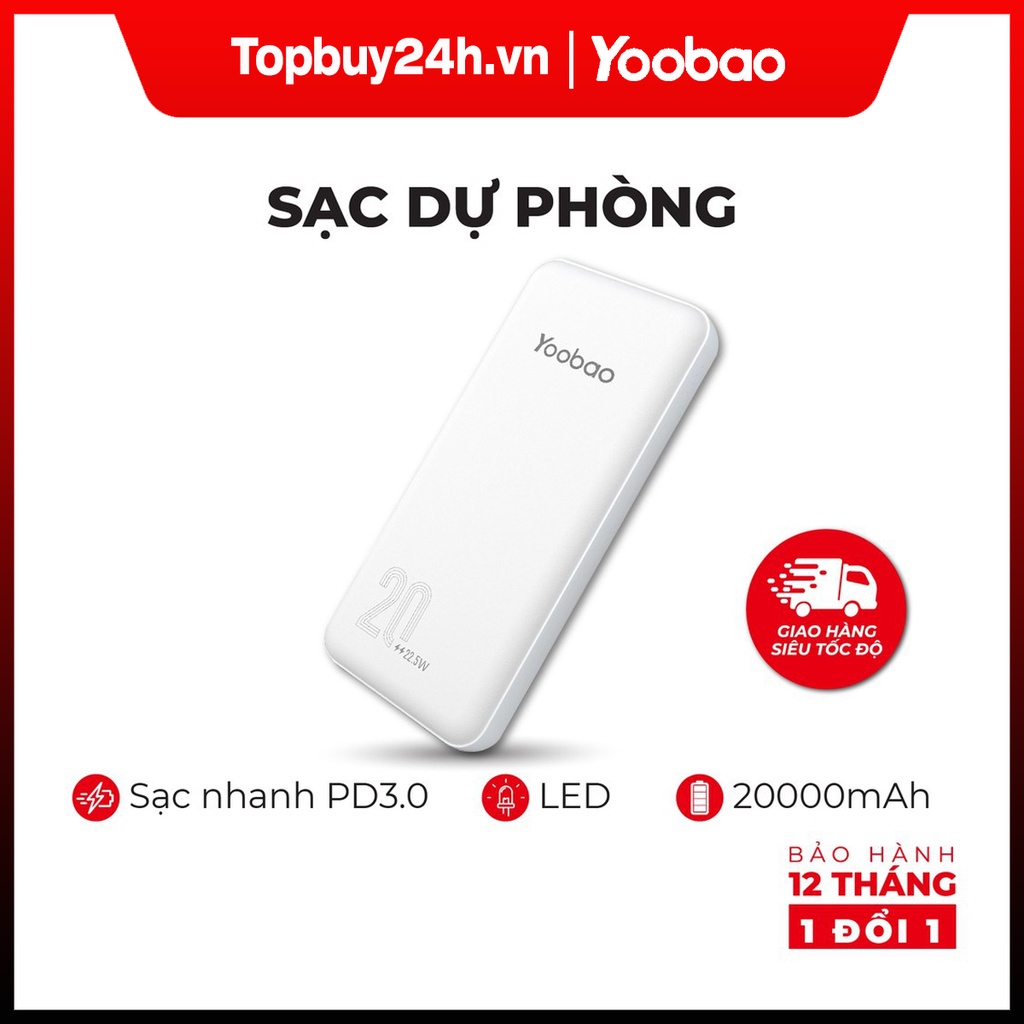 Sạc dự phòng 20000mAh Yoobao D20 - Sạc nhanh 2 chiều PD2.0 - công suất 20W - Hàng chính hãng - Bảo hành 12 tháng 1 đổi 1