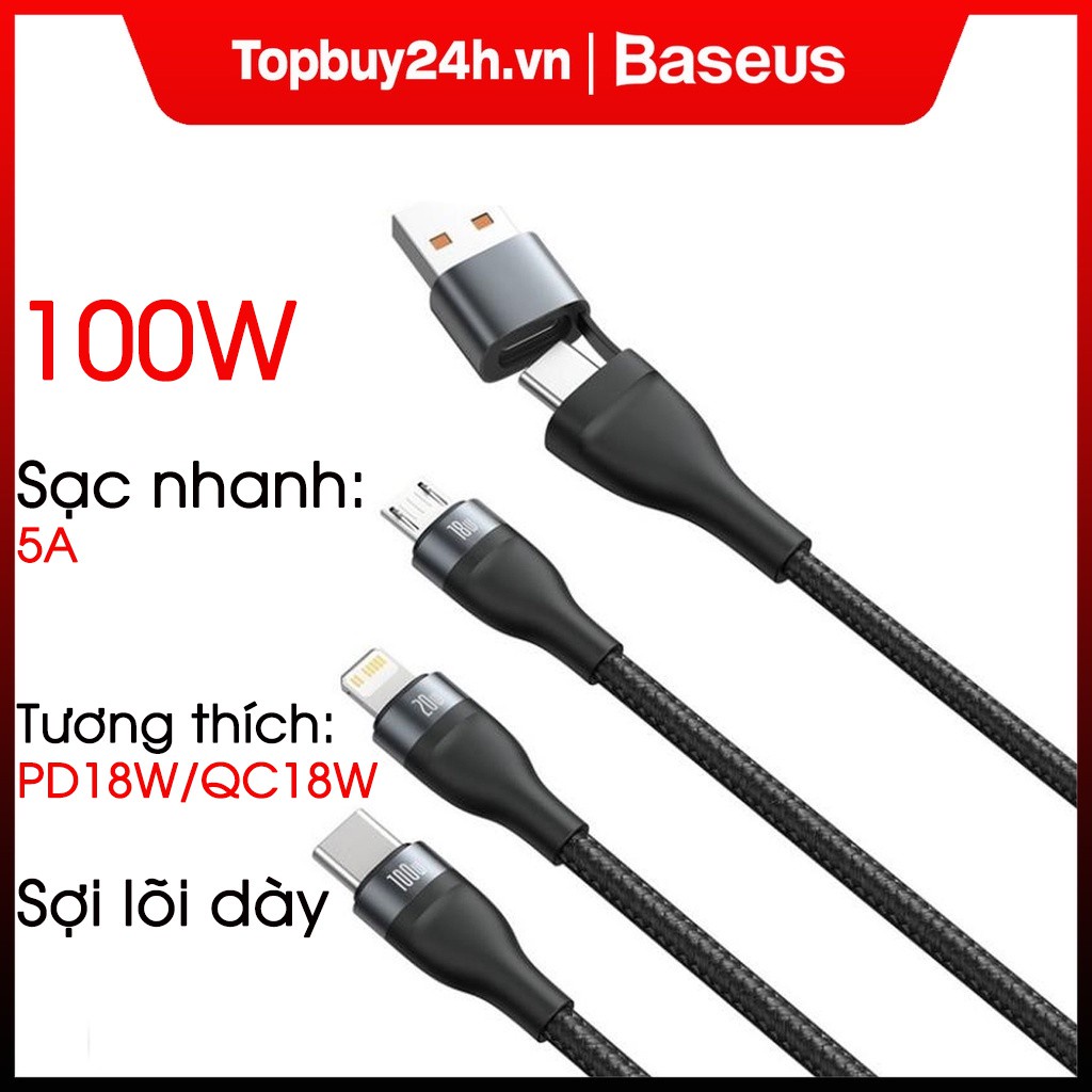 Dây Cáp Sạc Nhanh Baseus Cổng USB Type C 3 Trong 1 Hỗ Trợ 5A 100W Cho Iphone Xiaomi Dài 1.2M