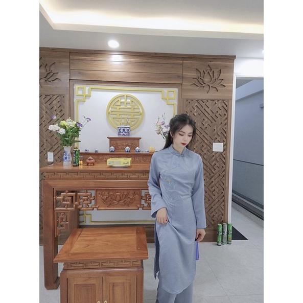 Set bộ áo ài tràng thêu hoa sen- Bộ Phật tử truyền thống lụa cát nhung dày dặn đủ size