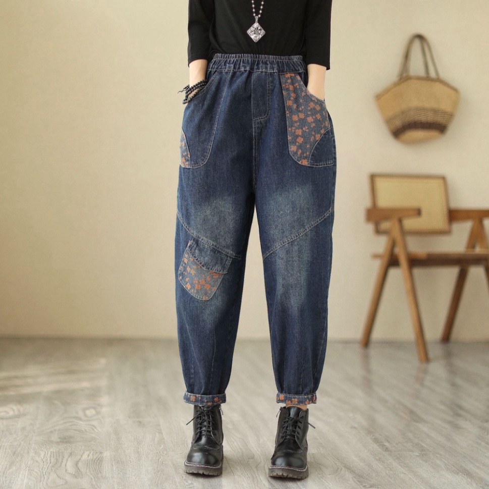 Quần jean nữ thêu hoa,in hoa màu xanh đủ size đến 90kg Mã JIN 1