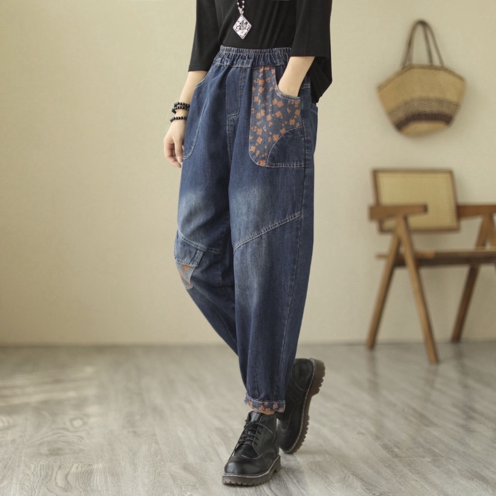 Quần jean nữ thêu hoa,in hoa màu xanh đủ size đến 90kg Mã JIN 1