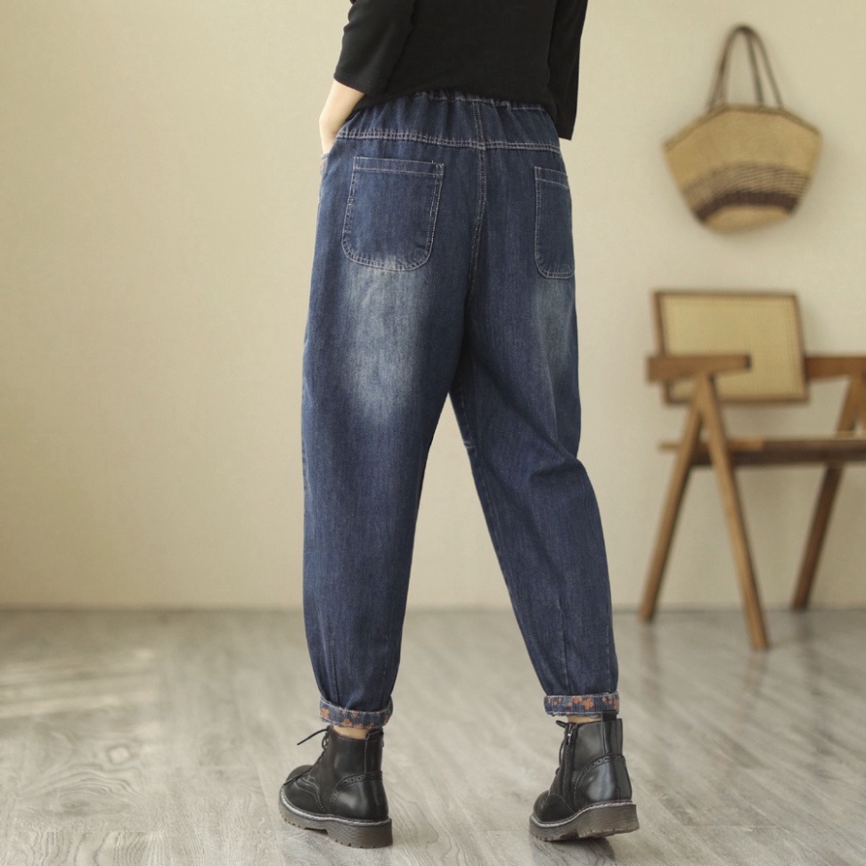 Quần jean nữ thêu hoa,in hoa màu xanh đủ size đến 90kg Mã JIN 1