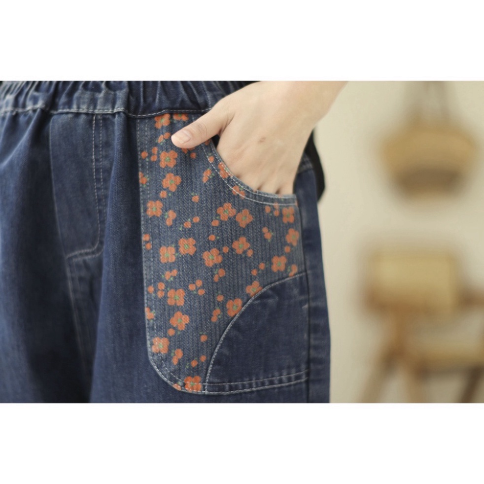 Quần jean nữ thêu hoa,in hoa màu xanh đủ size đến 90kg Mã JIN 1