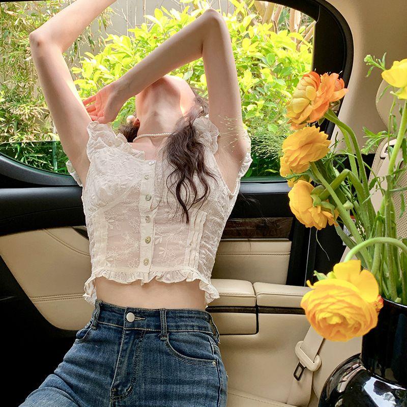 Áo Sơ Mi Tay Ngắn Phồng Cổ Bẻ Cài Khuy Dáng Ôm Thời Trang Cho Bạn Gái