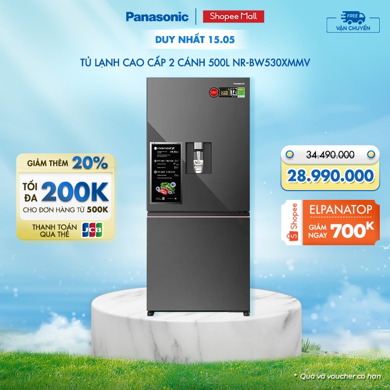 Tủ lạnh Panasonic 2 cánh NR-BW530XMMV 500L - Cảm biến thông minh - Lấy nước ngoài