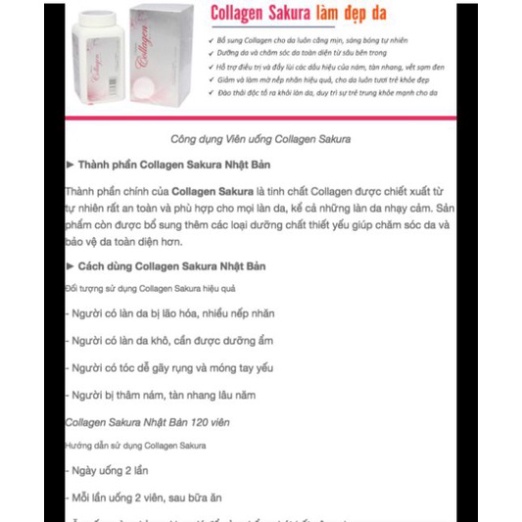 Viên Uống Collagen Sakura Japan Dưỡng sáng da Cấp Ẩm Cho Da Chống ô xy hóa Dưỡng Tóc Móng Hộp 120 Viên