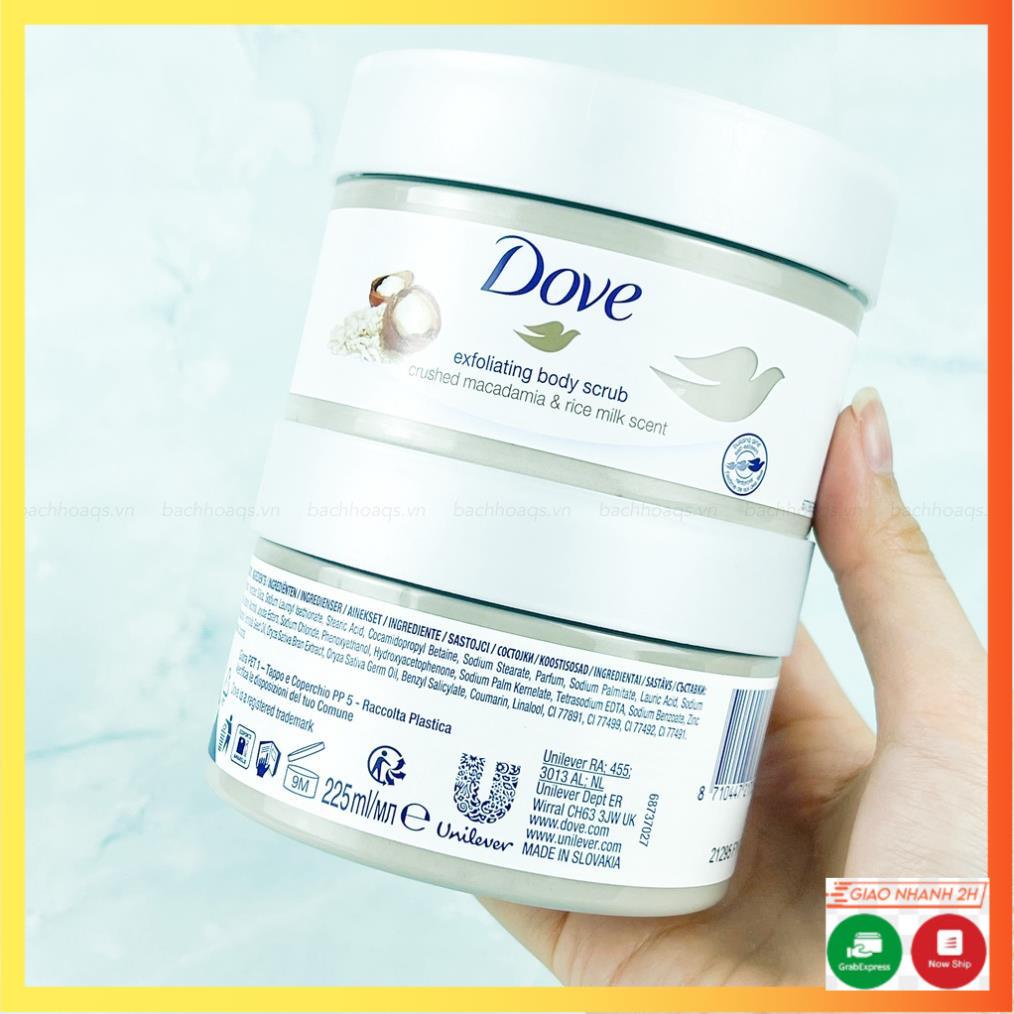 Tẩy Da Chết Dove Toàn Thân Hạt Nhuyễn Mịn Da Milk Rice Macca Hạt Macca Gạo Sữa 225ml