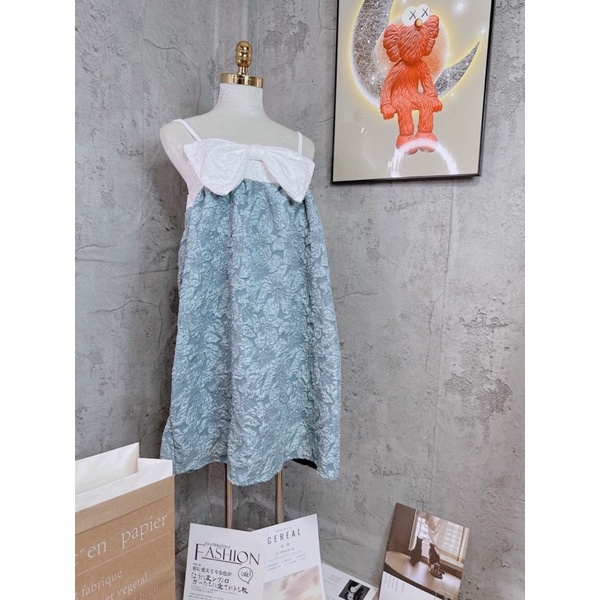 Đầm 2 dây baby doll vải gấm phối nơ