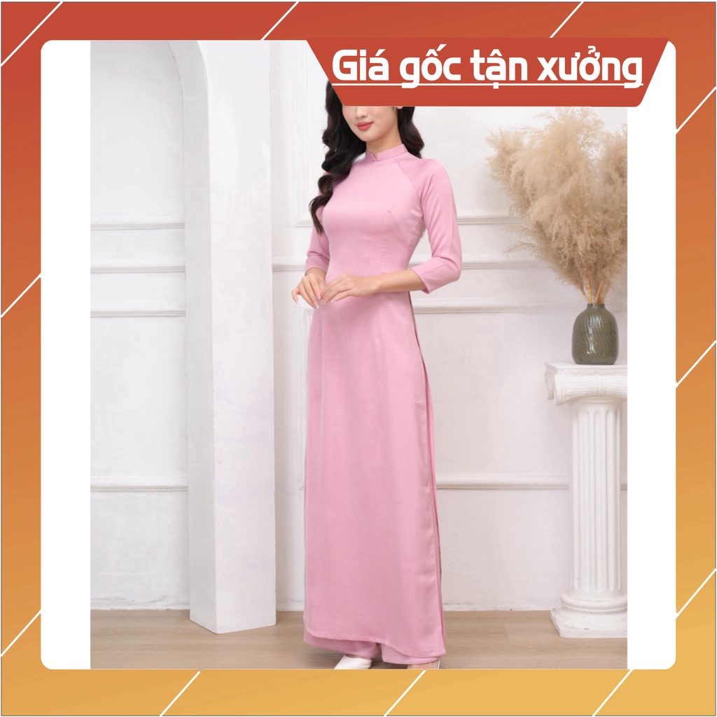 [Ảnh thật} Áo dài hồng phấn Cổ Cao truyền thống phối quần xanh rêu vải lụa Tây Thi cao cấp mặc đẹp - Thế Giới Áo Dài