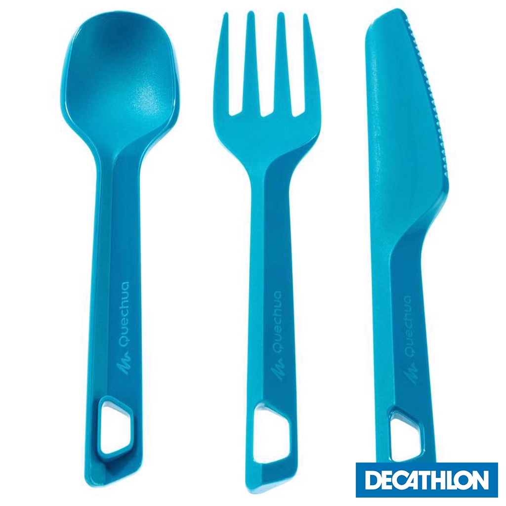 Bộ 3 dao muỗng nĩa nhựa DECATHLON QUECHUA cho cắm trại leo núi dã ngoại màu xanh dương mã 8386030